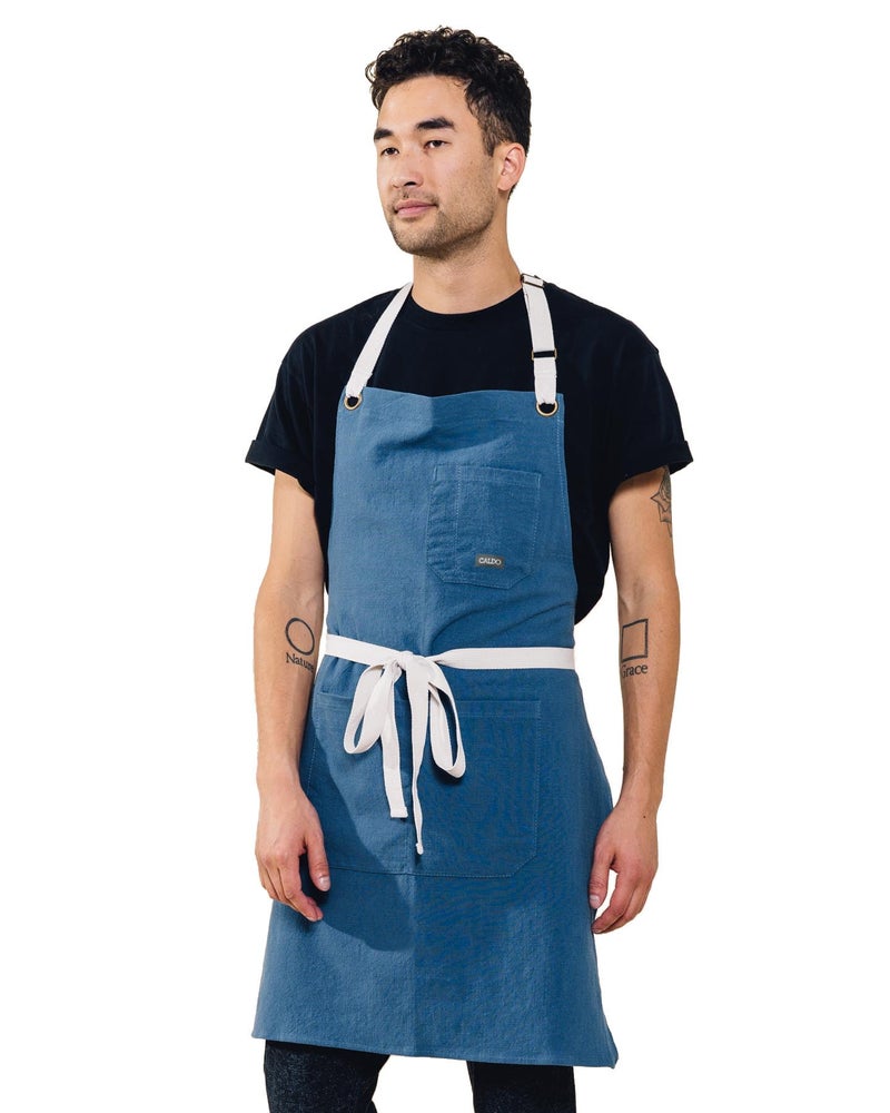 Caldo Linen Kitchen Apron for Cooking- Mens and Womens Linen Bib Apron for Professional Chef, Server, or Barista- Adjustable with Pockets (Vintage Blue) - Image 1